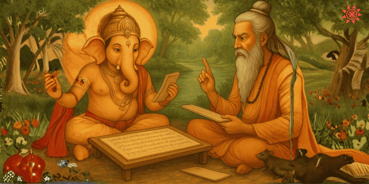 Lord Ganesha writing scriptures with Sage Ved Vyasa depicting the spiritual story behind Ganesh Chaturthi festival