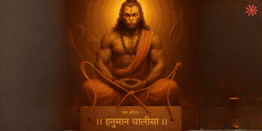 Hanuman meditating with divine glow holding rope mala โ powerful Hanuman Chalisa spiritual artwork.