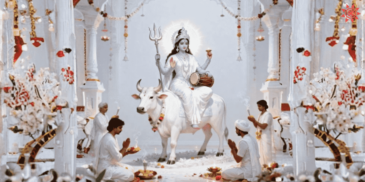 Maa Mahagauri worship on Navratri eighth day with white attire, sacred rituals and divine blessings scene