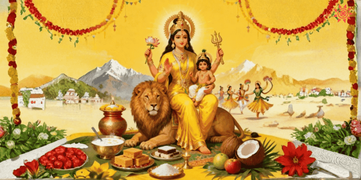 Maa Skandamata seated on lion with child Kartikeya, lotus in hand, divine Navratri scene