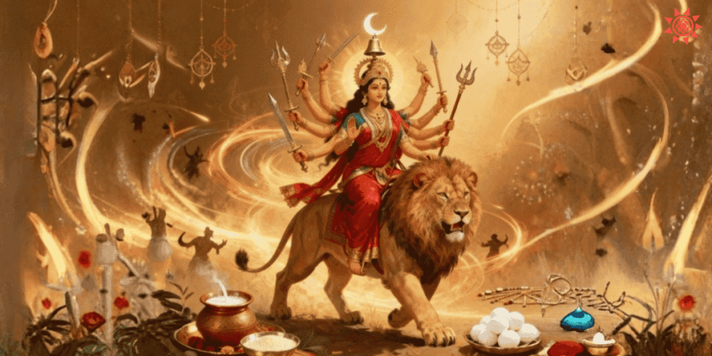 Maa Chandraghanta is a divine form on lion with weapons, symbolizing courage, protection and Navratri. third day worship