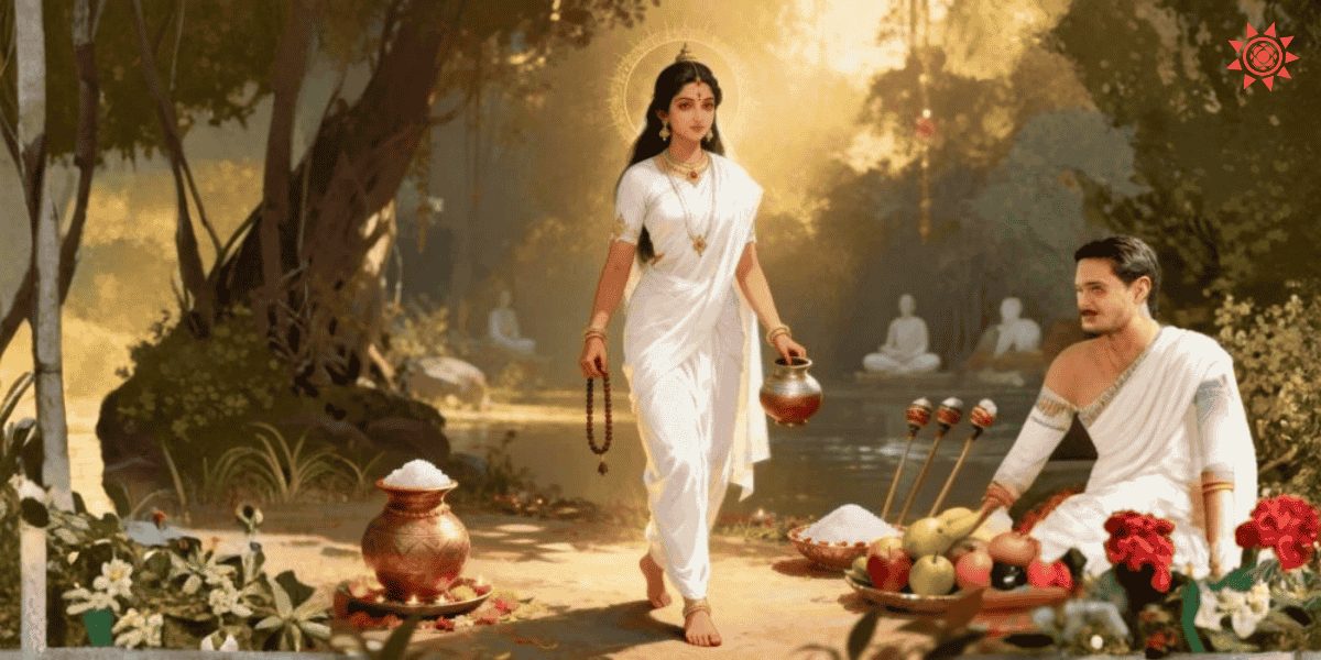 Maa Brahmacharini in white attire holding rosary and kamandal on Navratri's second day worship scene