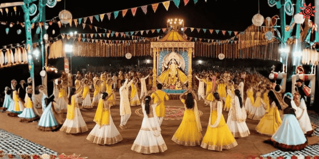 Maa Brahmacharini worship during Navratri with devotees in yellow dancing around decorated pandal stage