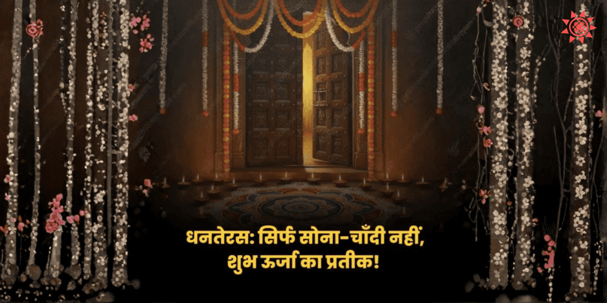 Dhanteras Puja 2025 festive decoration with diyas, temple entrance and symbol of prosperity and positive energy for Diwali