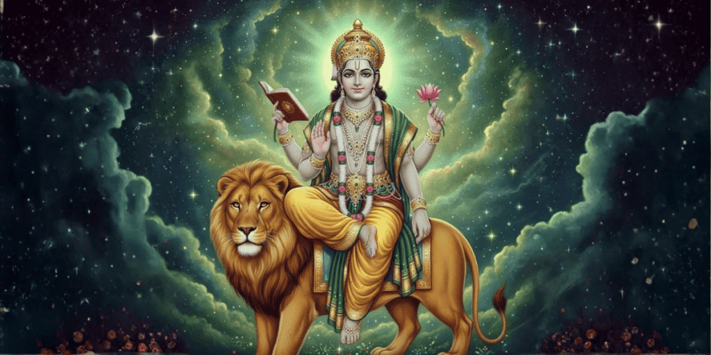 Budh Dev seated on lion holding book and lotus with divine aura, symbol of wisdom and intellect