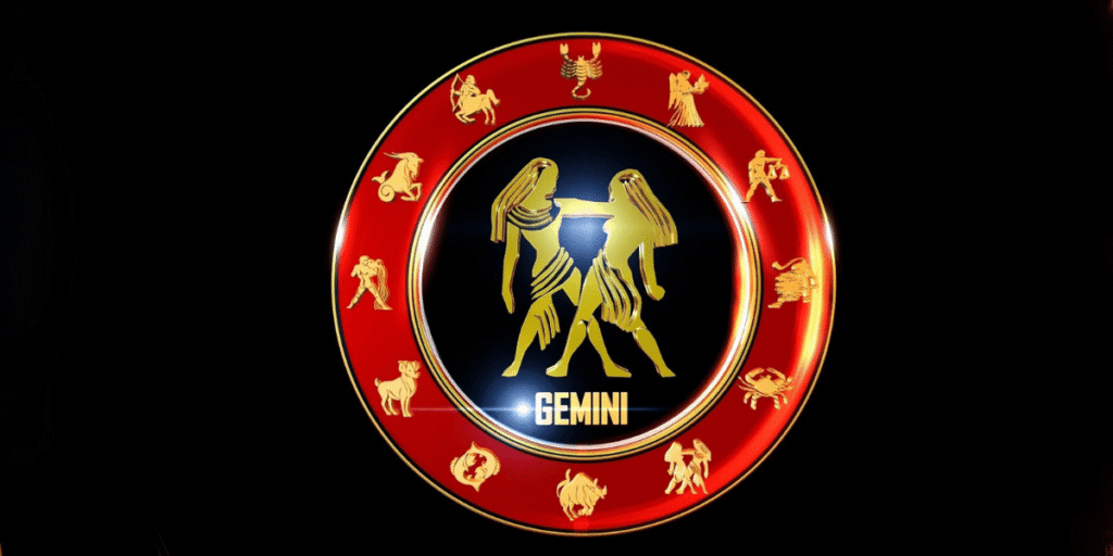 Gemini Horoscope 2026 zodiac symbol with golden twins and astrological signs on red circle background