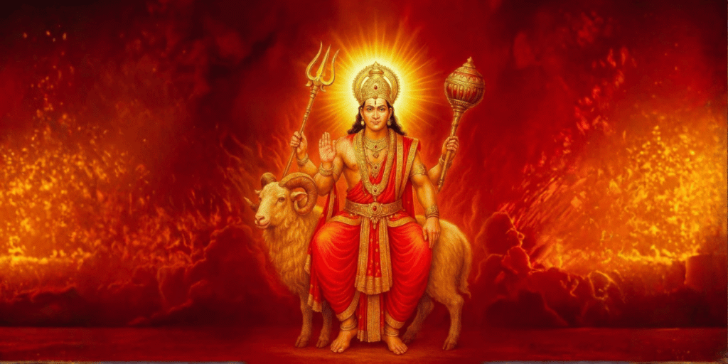 Mangal Dev Ki Kahani: Lord Mangal Dev seated with trident and mace, glowing divine red aura warmglow