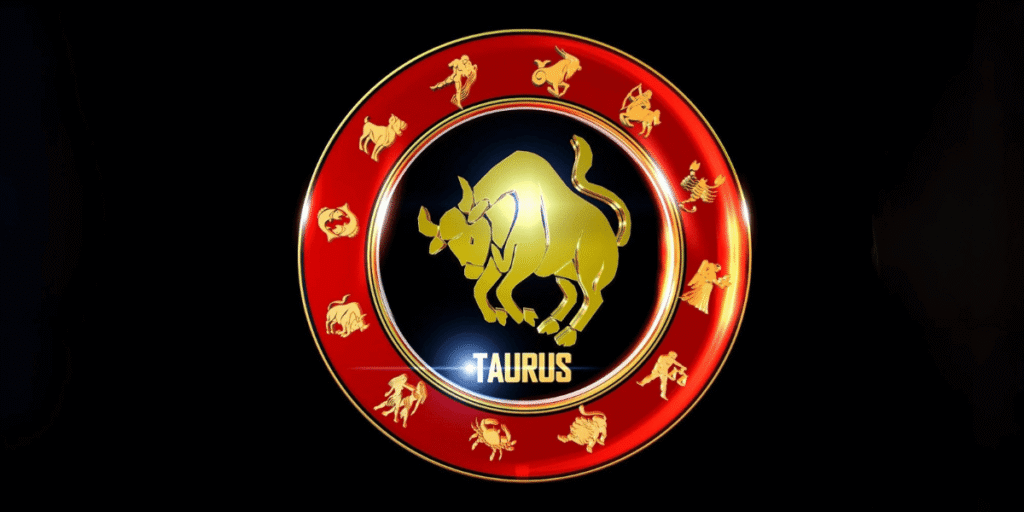 Taurus Horoscope 2026: golden bull zodiac sign on red circular astrology emblem background design art