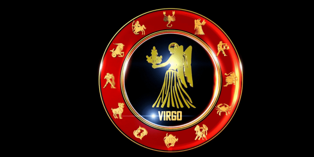 Virgo Horoscope 2026 golden maiden zodiac sign on red circular astrology emblem background design