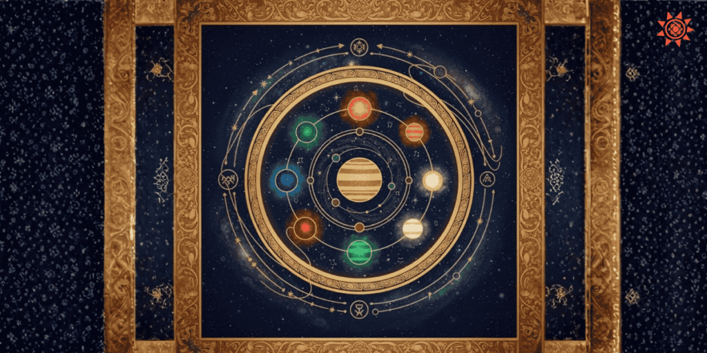 Illustration of Pluto in ornate cosmic chart with planets and zodiac symbols in Vedic style design