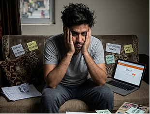 Worried man sitting with financial papers and laptop, showing stress over money problems