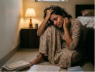 stressed woman sitting in frot of books and crying