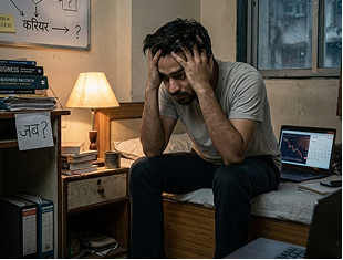 Stressed man sitting on bed holding head with laptop showing stock market decline
