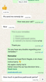 Excellent astrology consultation feedback on whatsapp chat with prashna kundli's expert astrologer feedback