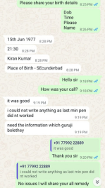 Happy customer review for astrology consultation with prashna kundli on whtsapp chat