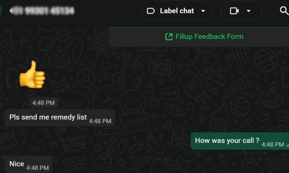 Customer positive feedback on WhatsApp after Prashna Kundali astrology consultation call