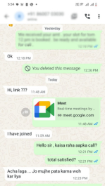 Screenshot of a WhatsApp chat about a Google Meet link and meeting invite, with greetings and replies in green and gray bubbles.