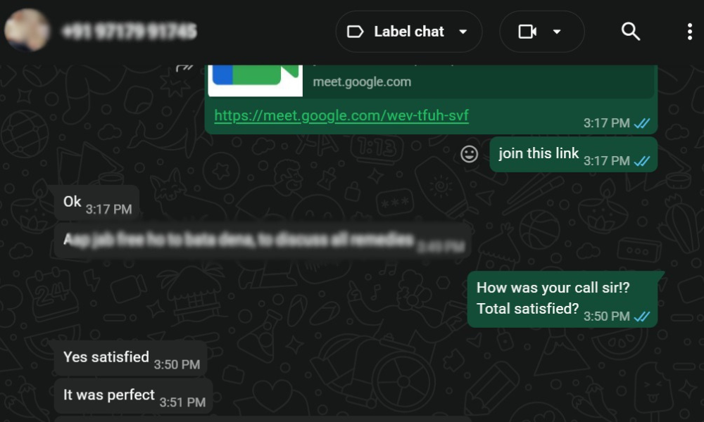 Customer positive feedback on WhatsApp after Prashna Kundali astrology consultation call