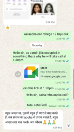WhatsApp chat screenshot about scheduling a call and a Google Meet invite, with messages in Hindi and English in green and blue bubbles.