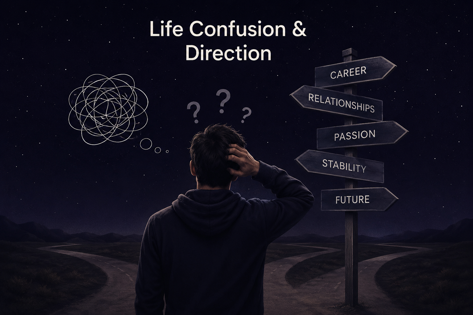 A confused man looking at life direction signposts under a starry night