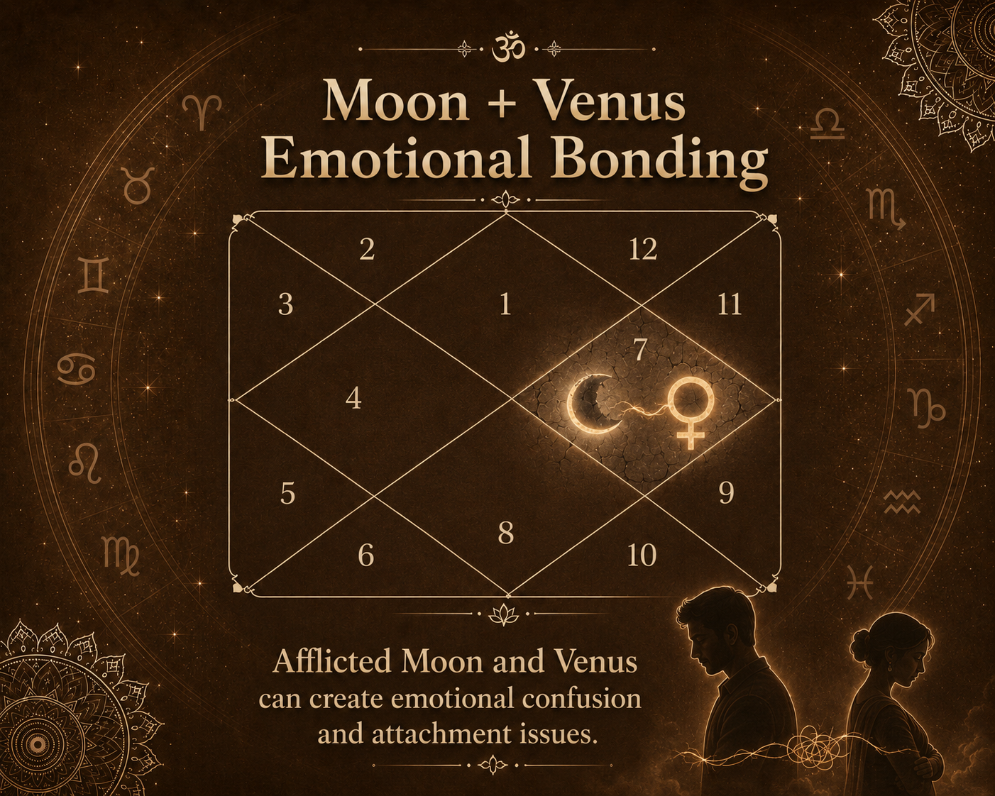 Astrology infographic on Moon and Venus creating emotional confusion in love.