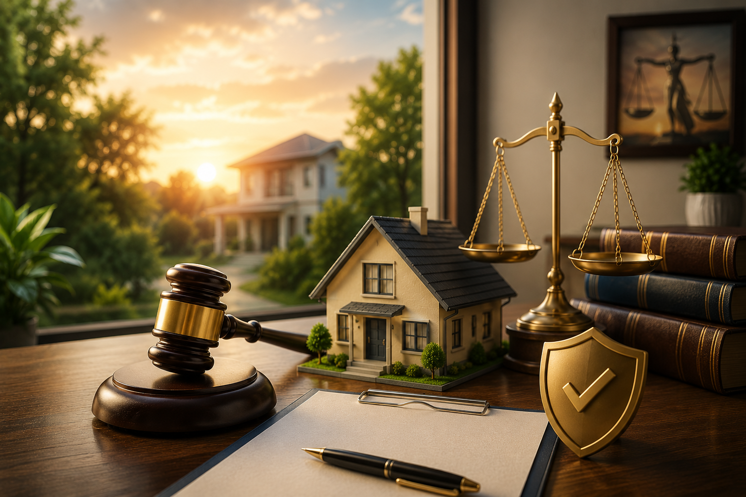 Property law and home insurance concept with house model, gavel, scales, and legal documents