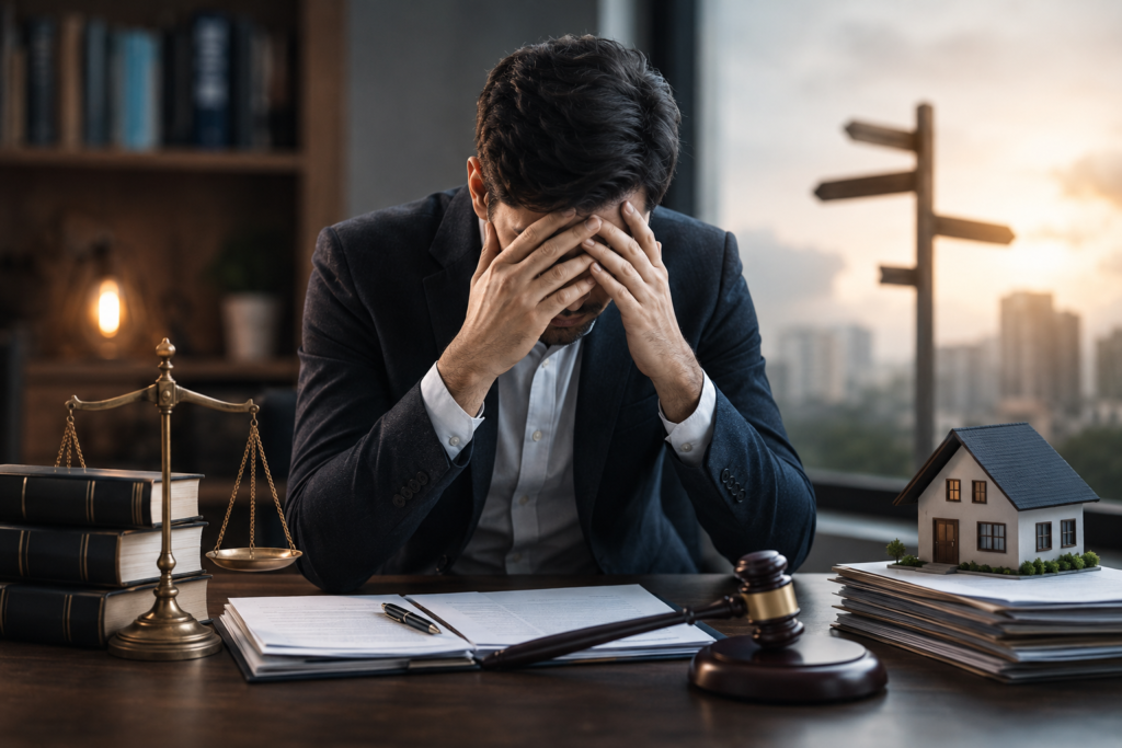 Stressed homeowner reviewing property dispute documents with legal papers and house model
