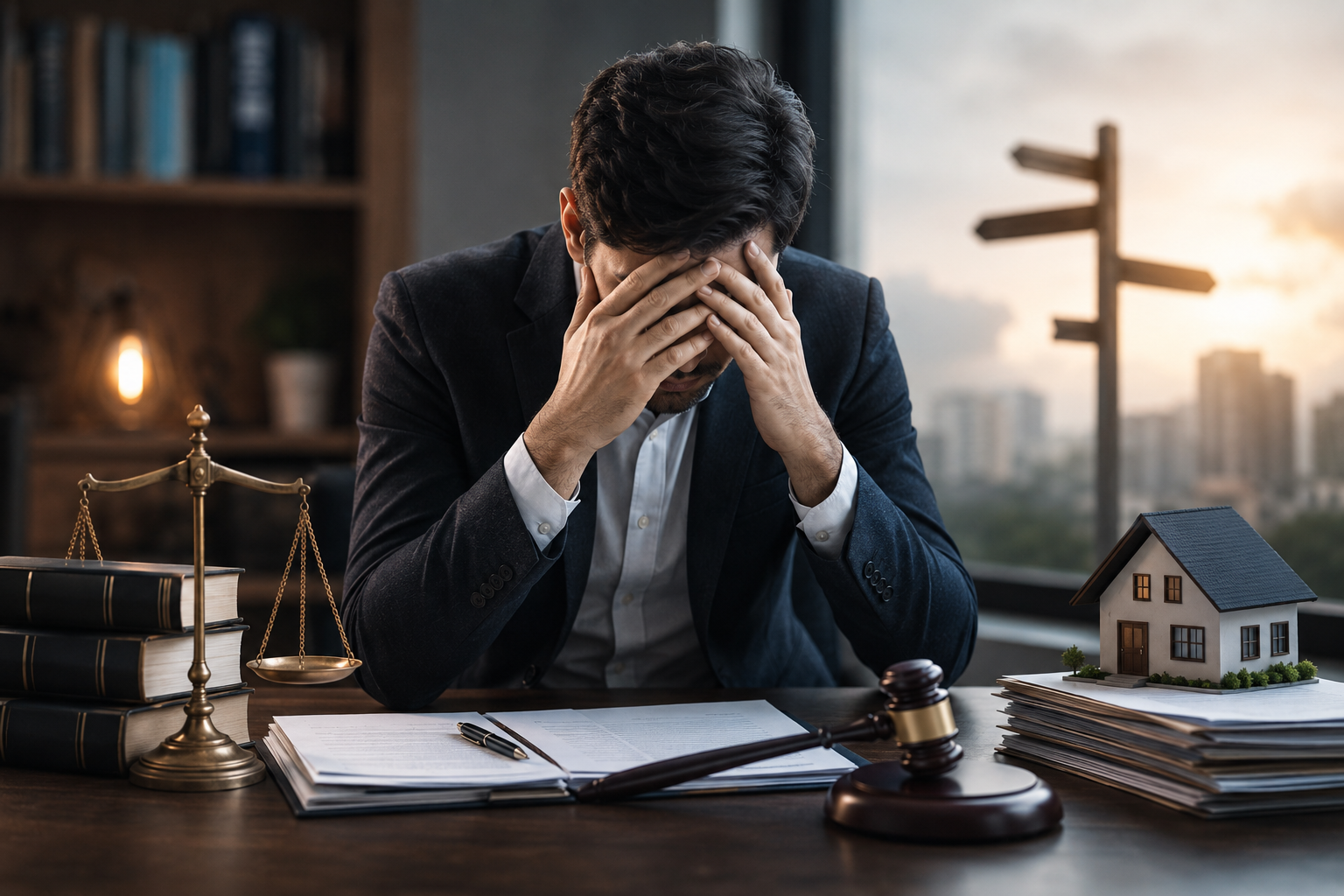 Stressed homeowner reviewing property dispute documents with legal papers and house model