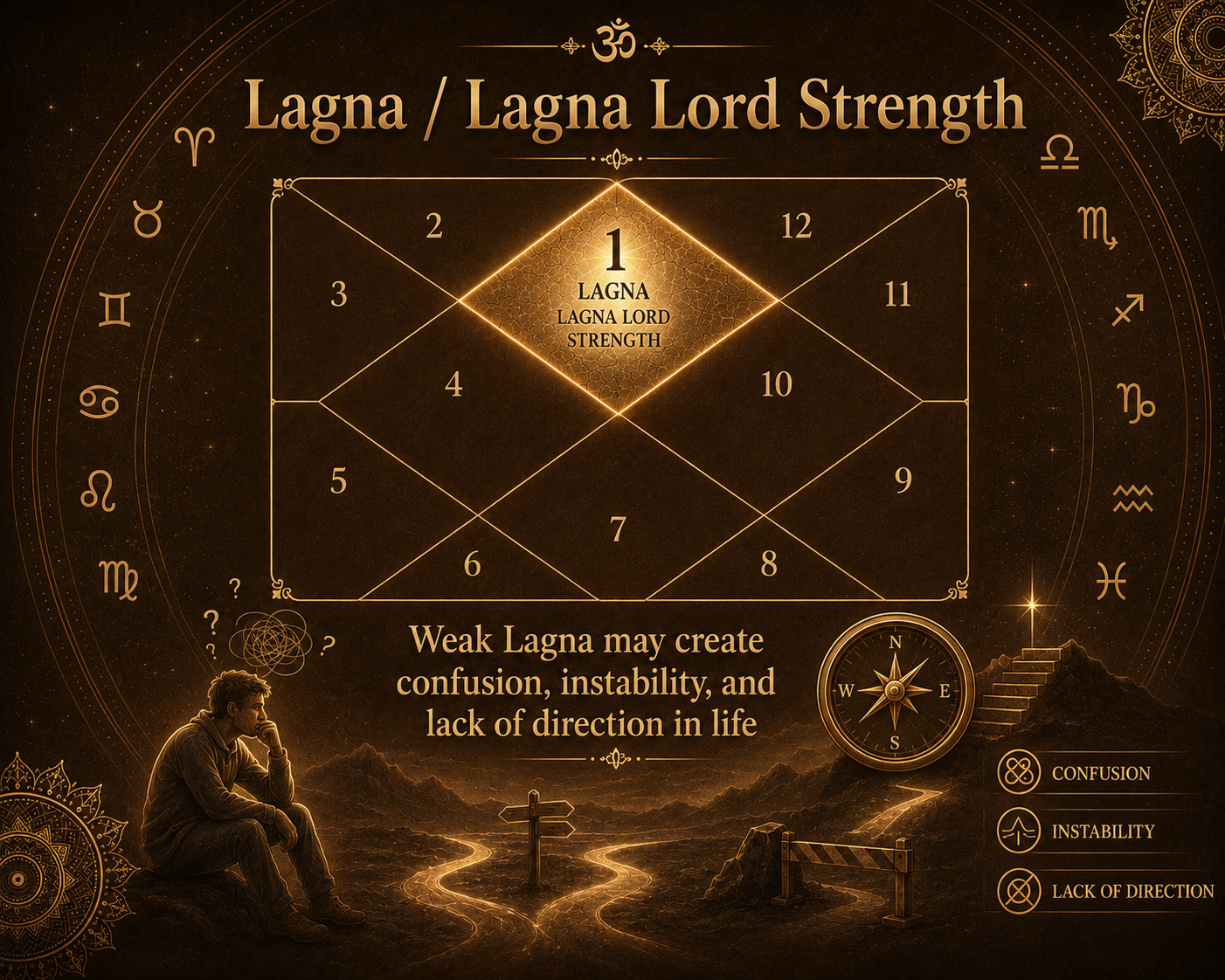 Vedic astrology chart showing weak Lagna effects: confusion, instability, and life direction issues.