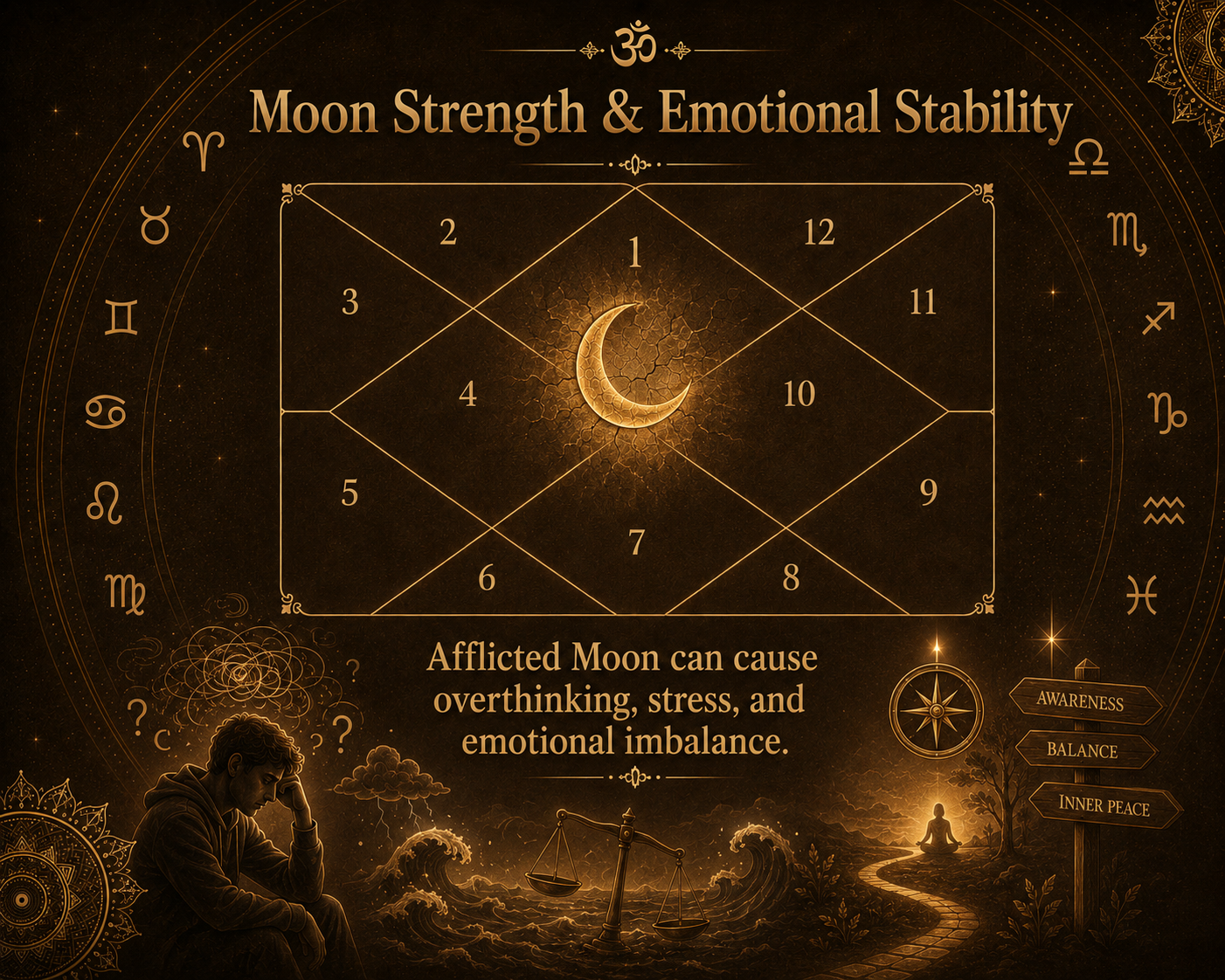 Moon strength in Kundli affecting emotions, mental balance, stress, and peace.