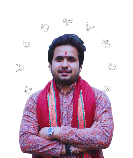Astrologer in traditional Indian attire offering career astrology consultation with zodiac wheel background