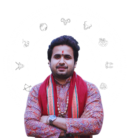 Prashna Kundali astrologer portrait with zodiac wheel background in traditional attire