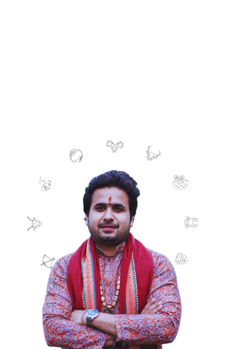 Vedic astrologer standing before a zodiac wheel, symbolizing astrology guidance.