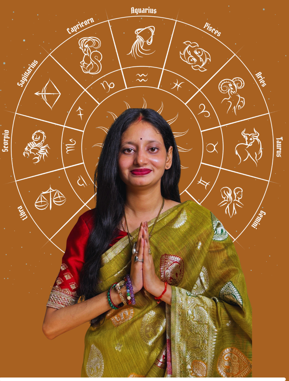 Female astrologer with zodiac wheel background offering astrology consultation services with prashna kundali