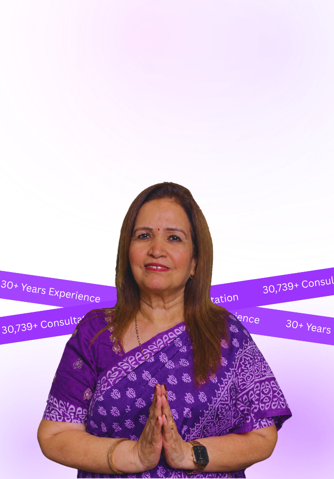 Professional woman in a purple saree with hands in a namaste gesture against a pink-purple background, conveying expertise and welcome stance.