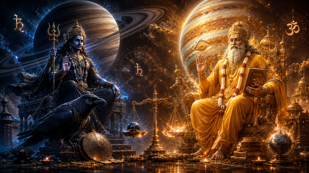 Shani Mahadasha Jupiter antardasha effects with Lord Shani and Guru Jupiter in a cosmic astrology scene
