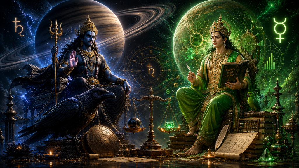 Blue-skinned Shiva with a trident sits beside Saraswati in green, amid celestial rings and ornate artifacts.