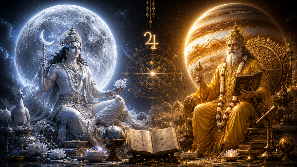 Lord Shiva and a Vedic sage with celestial symbols representing the divine energy of Moon Mahadasha.