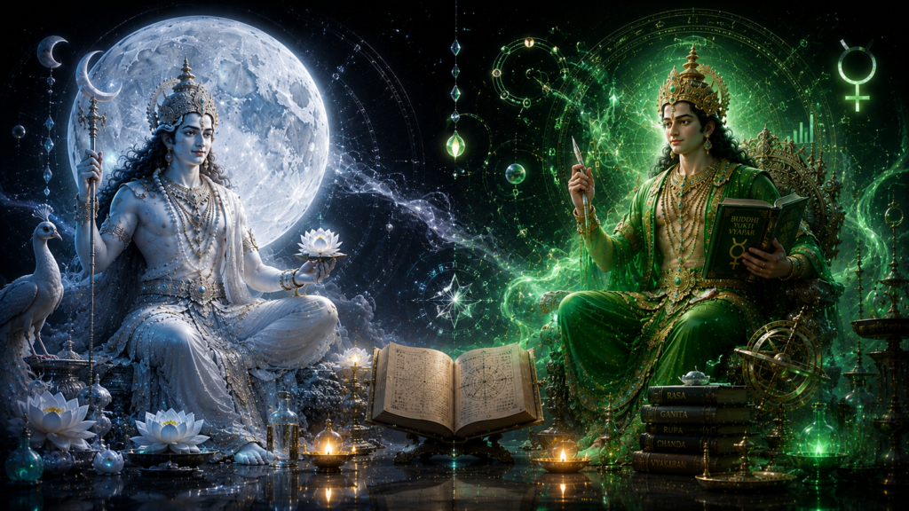 Two ornate deities sit opposite each other in a cosmic scene: a blue-skinned god with a trident and lotus, and a green-clad goddess holding a sacred book.