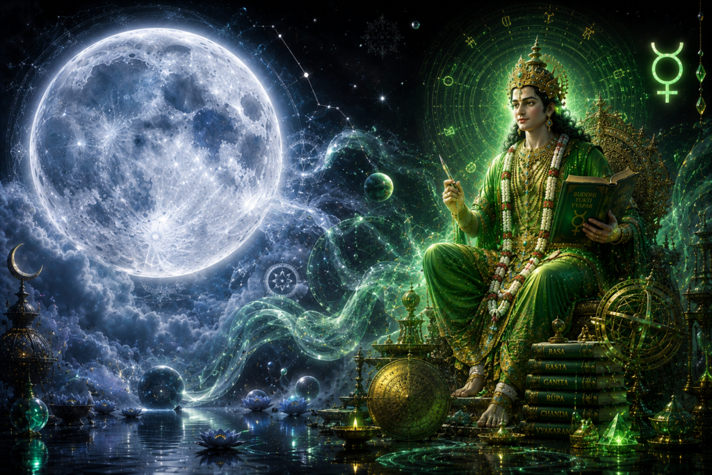 Celestial Hindu goddess in green robes seated on a throne, holding a scroll and wand, surrounded by cosmic symbols and books of wisdom.