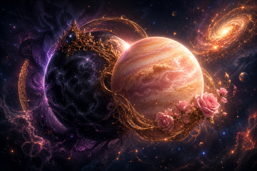 Cosmic pink planet with golden rings and roses representing the mysteries of Rahu Mahadasha - Venus Antardasha