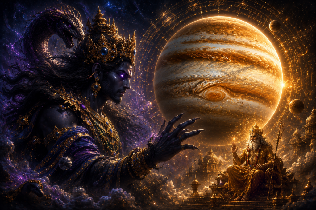 Ketu Mahadasha astrology scene with a regal warrior and king against a cosmic planetary backdrop