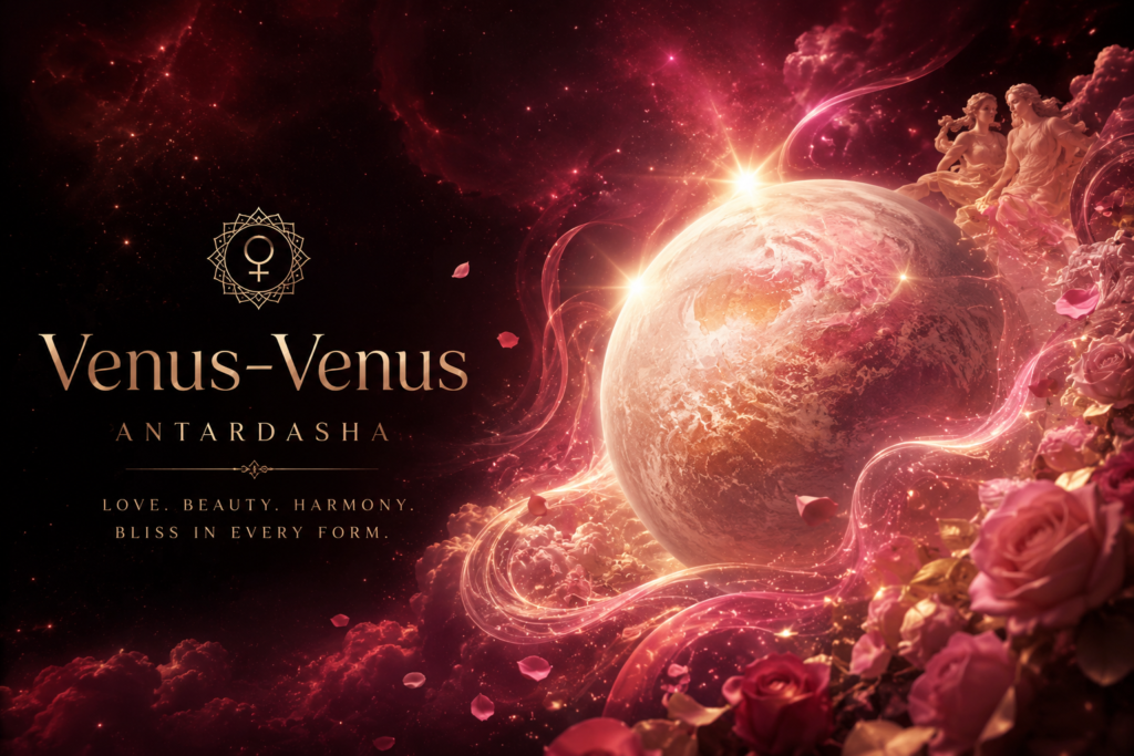 Venus Mahadasha Venus Antardasha banner with glowing planet, pink swirls, roses, and cosmic energy.