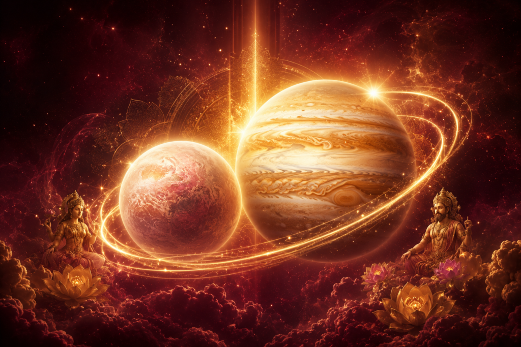 Venus Mahadasha Jupiter Antardasha banner with glowing planet, pink swirls, roses, and cosmic energy.