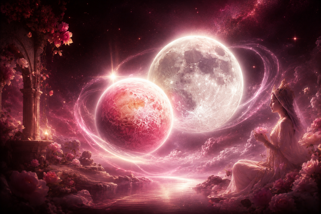 Dreamlike pink celestial scene with two glowing planets orbiting a regal woman holding a flower in a floral landscape.