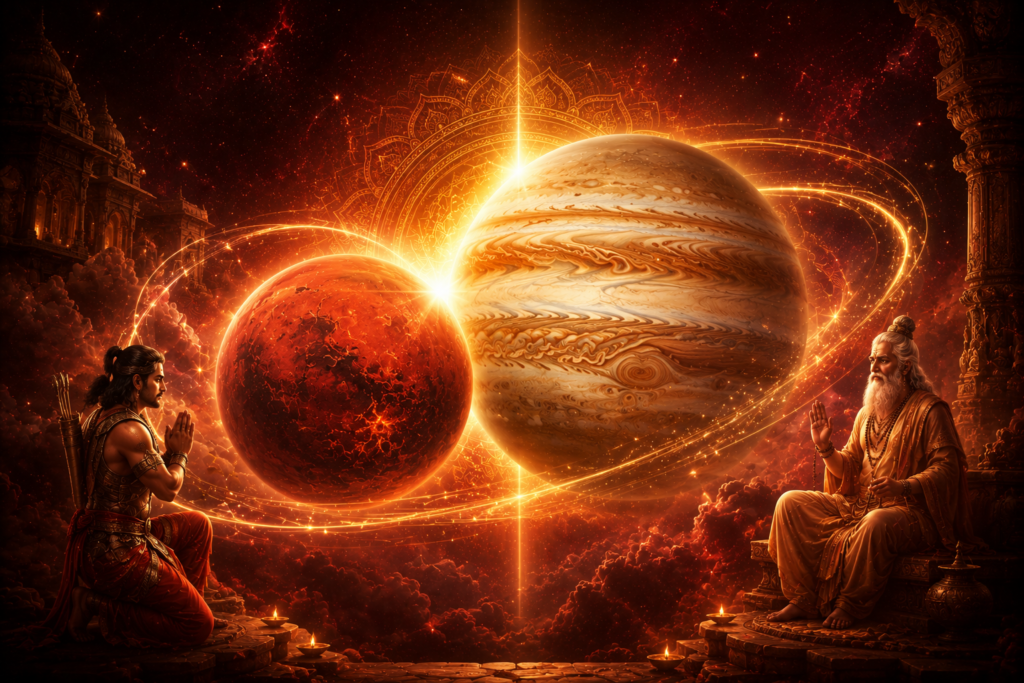Two sages praying before glowing planets representing the fierce energy of Mangal Mahadasha.