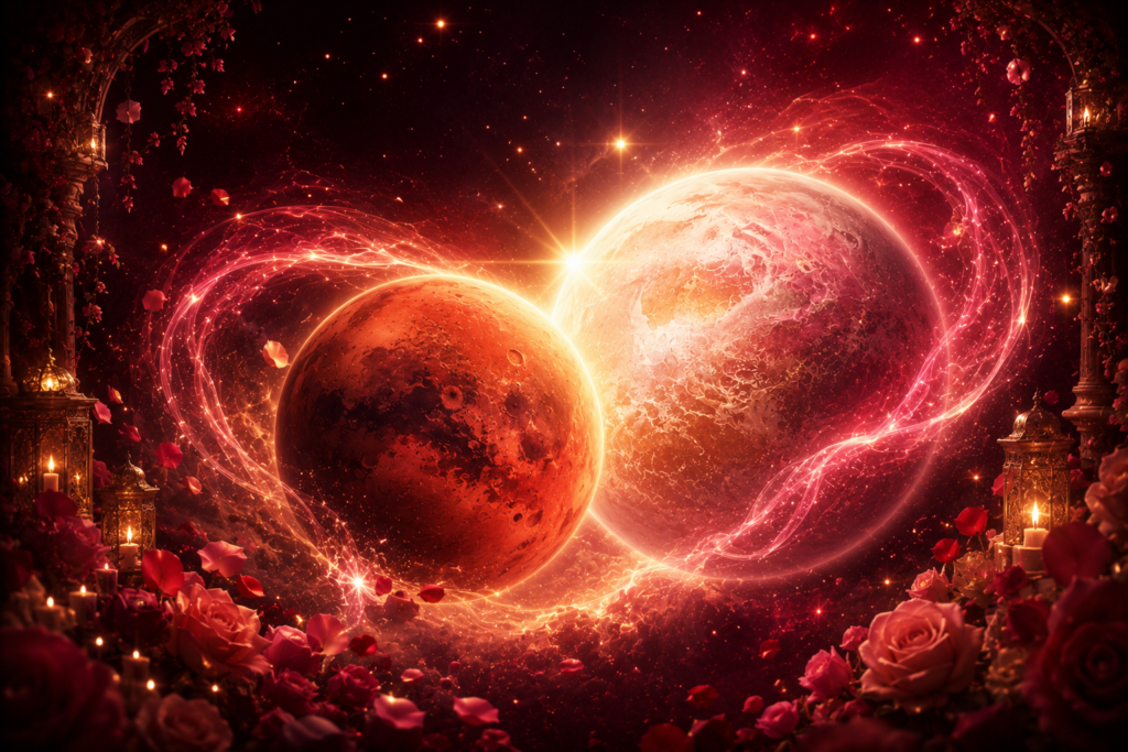 Two glowing planets collide with red energy rings, surrounded by rose petals and warm lantern light in a cosmic romance scene.