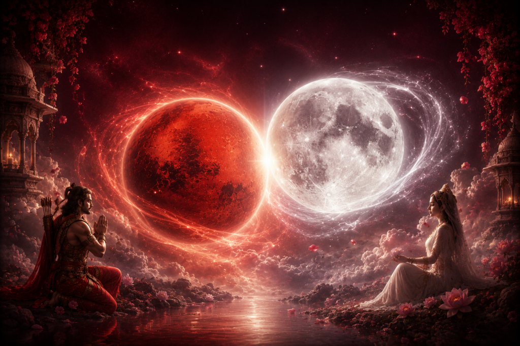 Cosmic scene: a man in red armor and a woman in white sit on a lotus-strewn shore, facing the red planet and the bright white moon as they swirl toward each other.