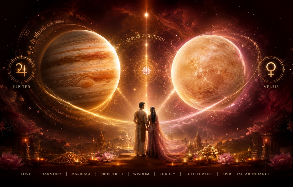 Two people in ceremonial robes during Jupiter Mahadasha beneath glowing Jupiter and Venus planets.