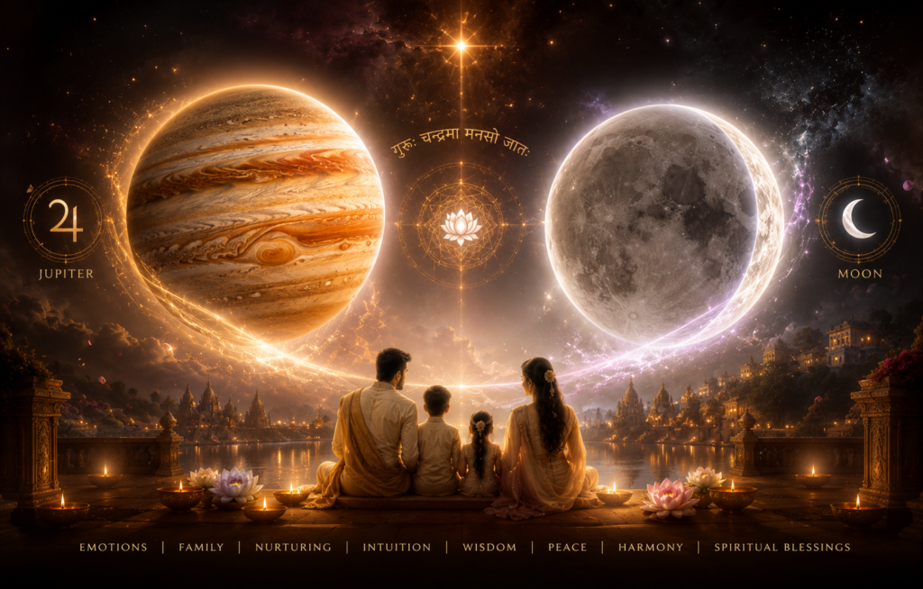 Family of four sits on a lit, temple-like platform watching a celestial scene with Jupiter on the left and a glowing Moon on the right, surrounded by warm golden light.